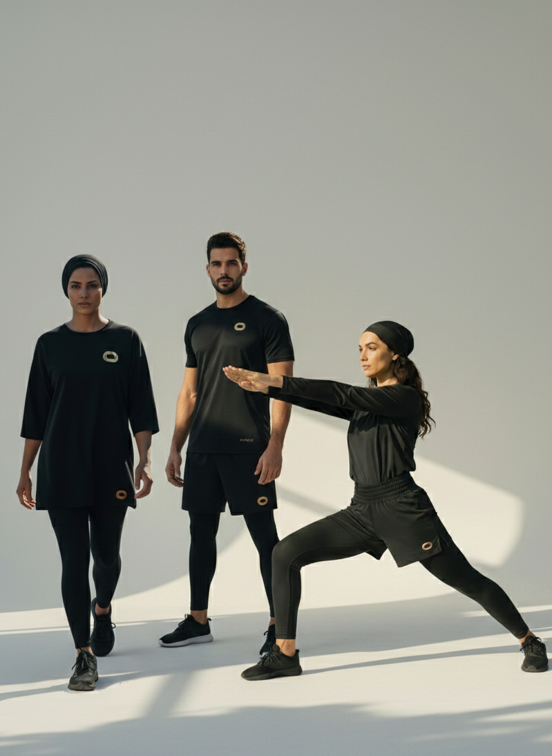 Three people wearing black athletic clothing with a brand logo on a white background