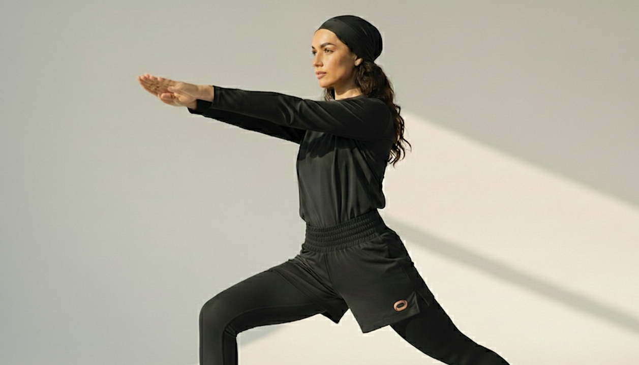 Person in black athletic wear posing against a neutral background