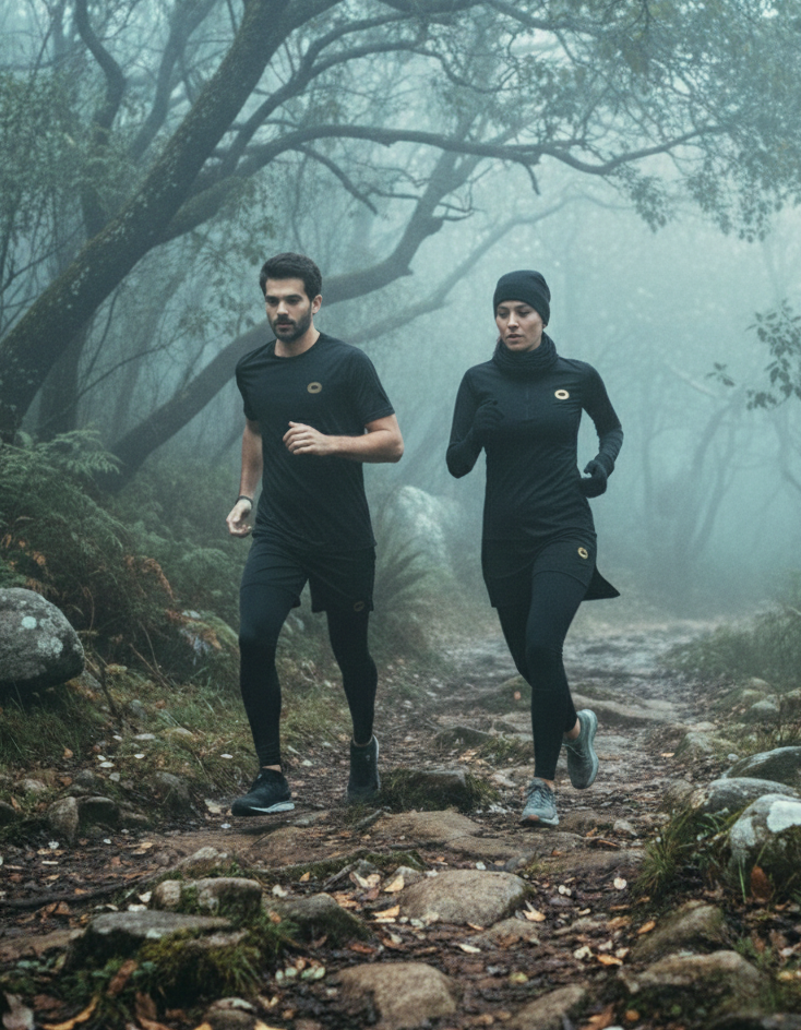 Two people running on a foggy forest trail